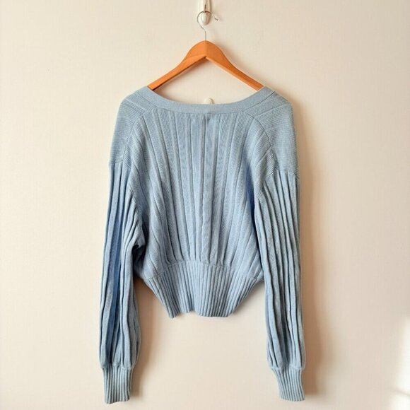 Aritzia Wilfred Thais Knit Plunge Sweater Cardigan Wool Cotton Light Blue Size L - Picture 3 of 5